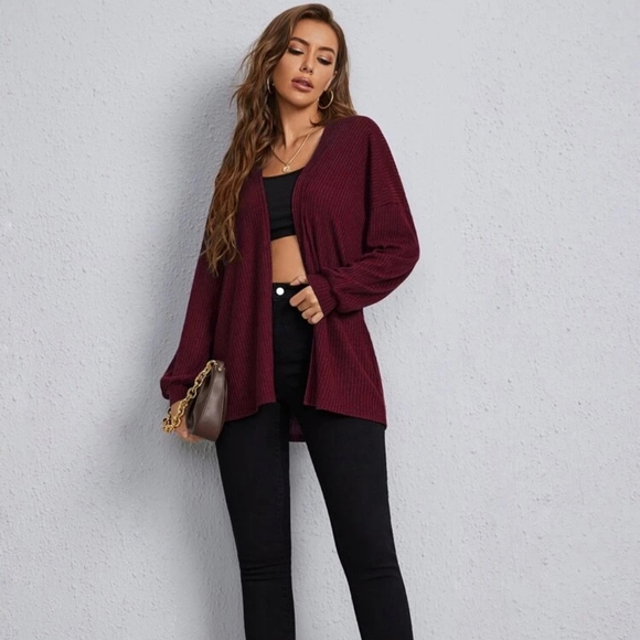 Open Front Lantern Sleeve Waffle Knit Cardigan - Picture 1 of 6